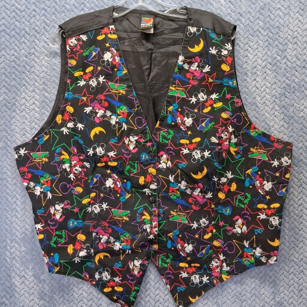Vintage Mickey Unlimited Disney Vest 24W Black Colorful Star Moon Print USA Made